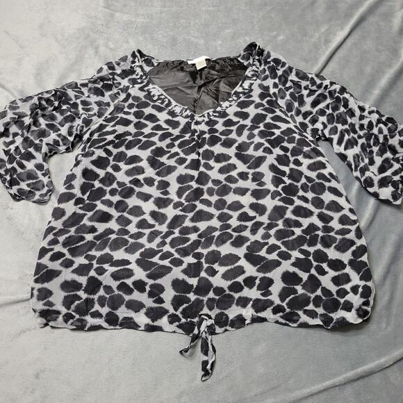 Kenar Blouse Women XL Shirt Black Leapord Silk Short Sleeve Drawstring Waist Top - Picture 1 of 12